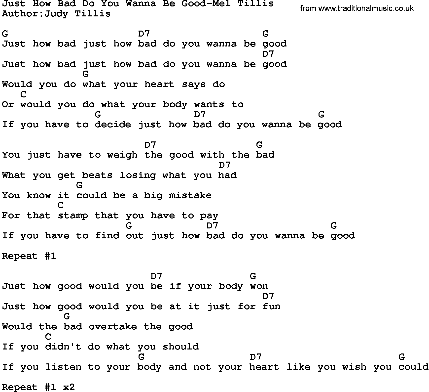 Country music song: Just How Bad Do You Wanna Be Good-Mel Tillis lyrics and chords