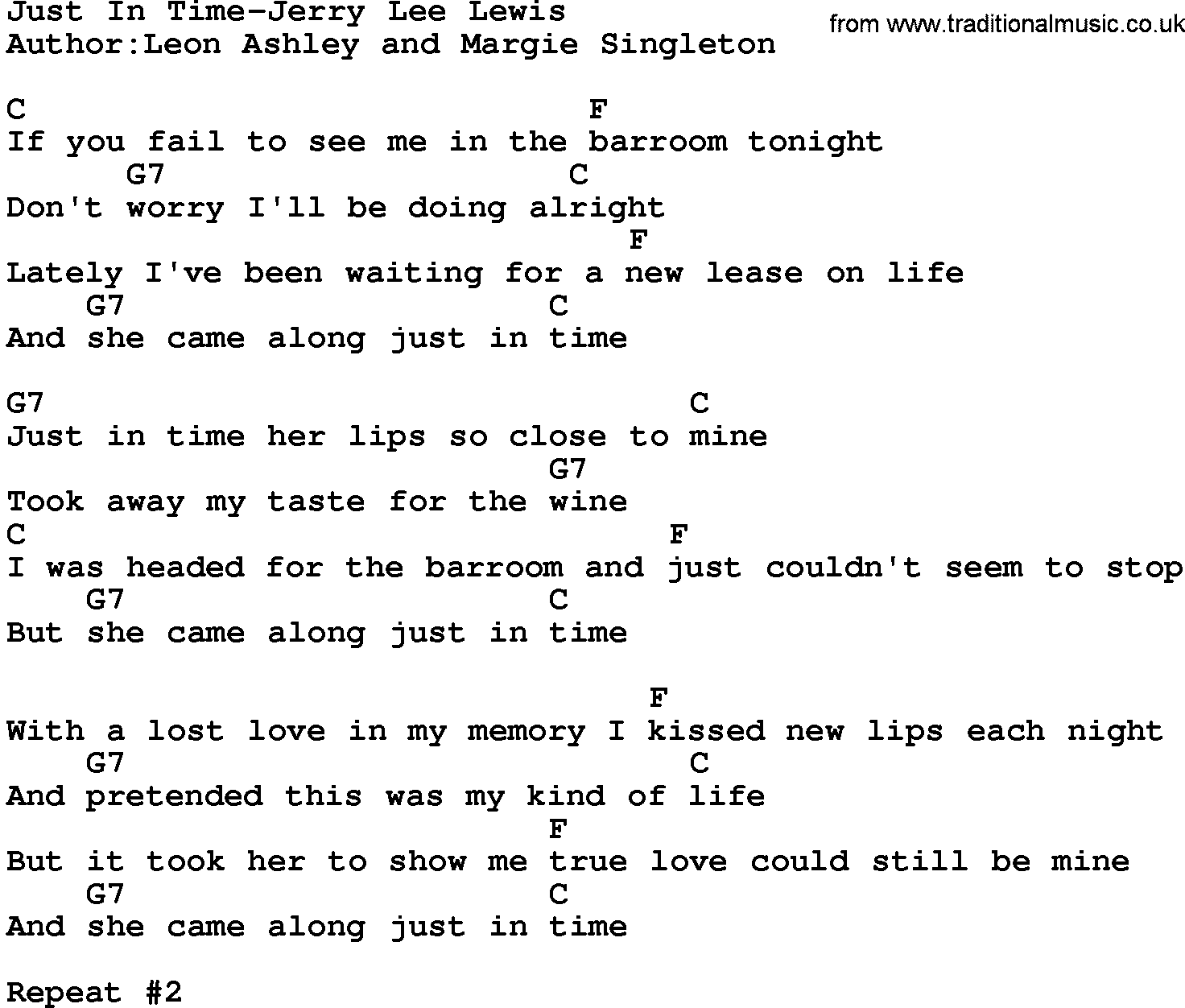 Country music song: Just In Time-Jerry Lee Lewis lyrics and chords