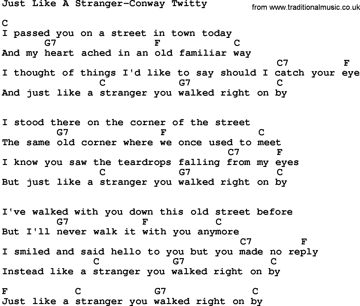 Country music song: Just Like A Stranger-Conway Twitty lyrics and chords