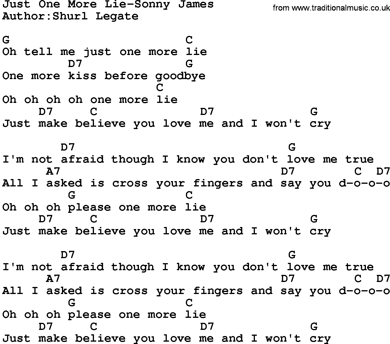 Country music song: Just One More Lie-Sonny James lyrics and chords