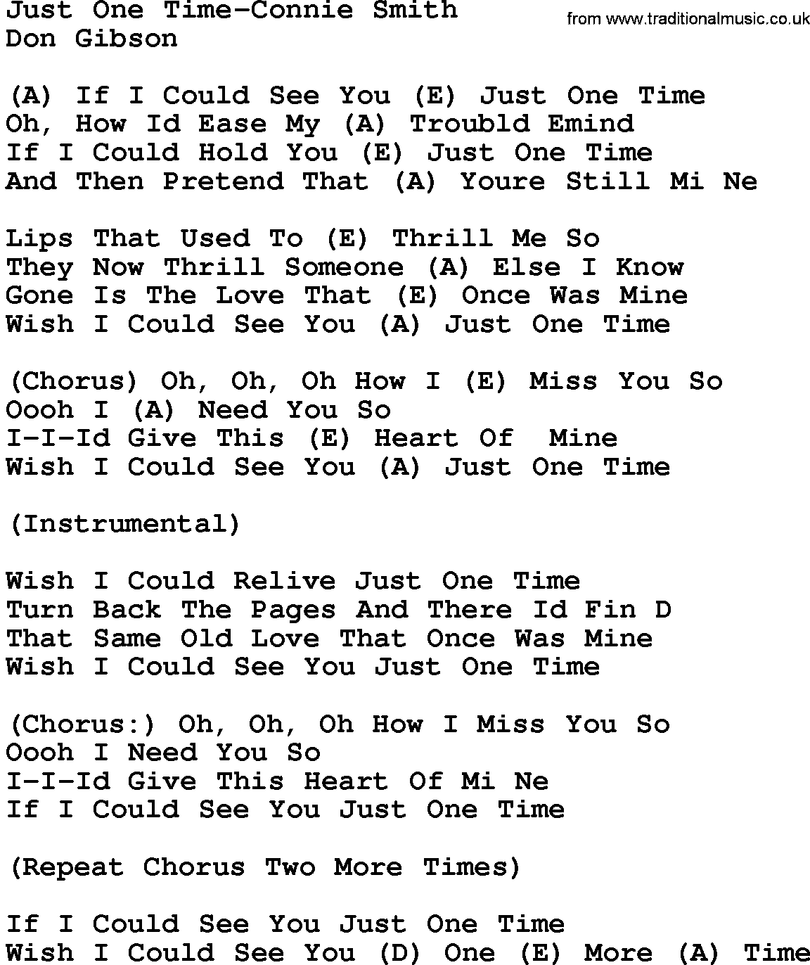 Country music song: Just One Time-Connie Smith lyrics and chords