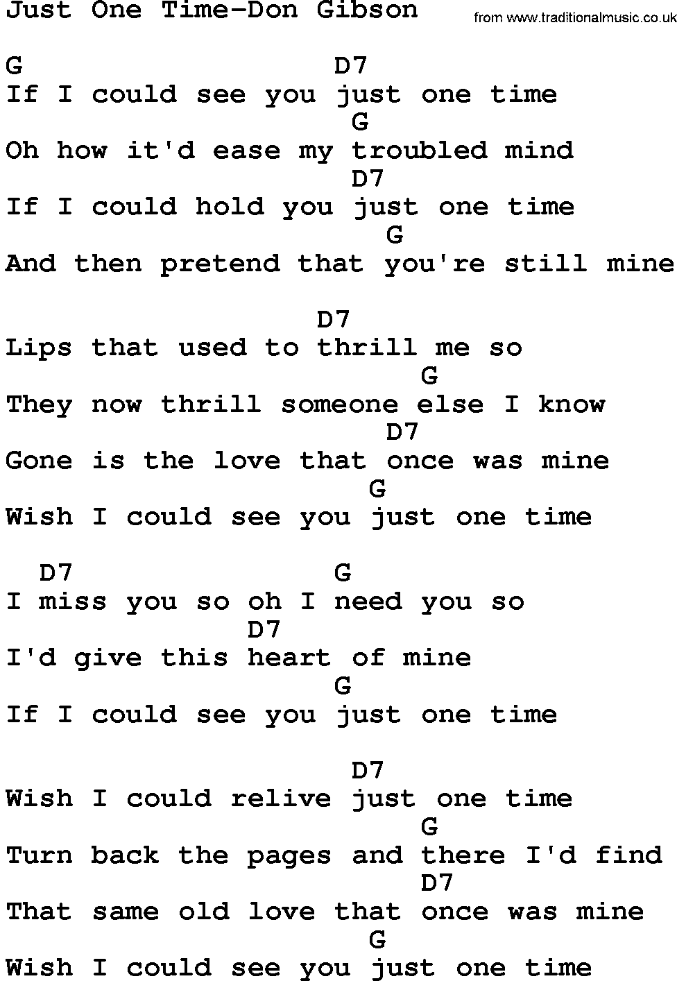 Country music song: Just One Time-Don Gibson lyrics and chords