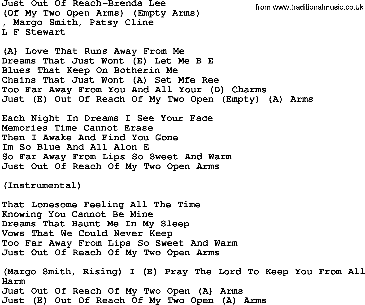 Country music song: Just Out Of Reach-Brenda Lee lyrics and chords