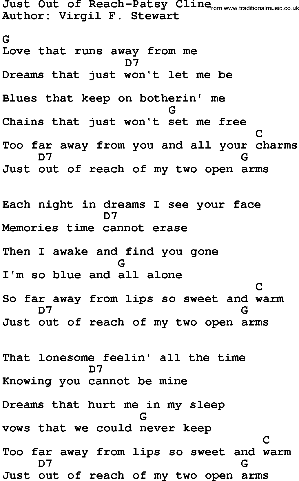 Country music song: Just Out Of Reach-Patsy Cline lyrics and chords