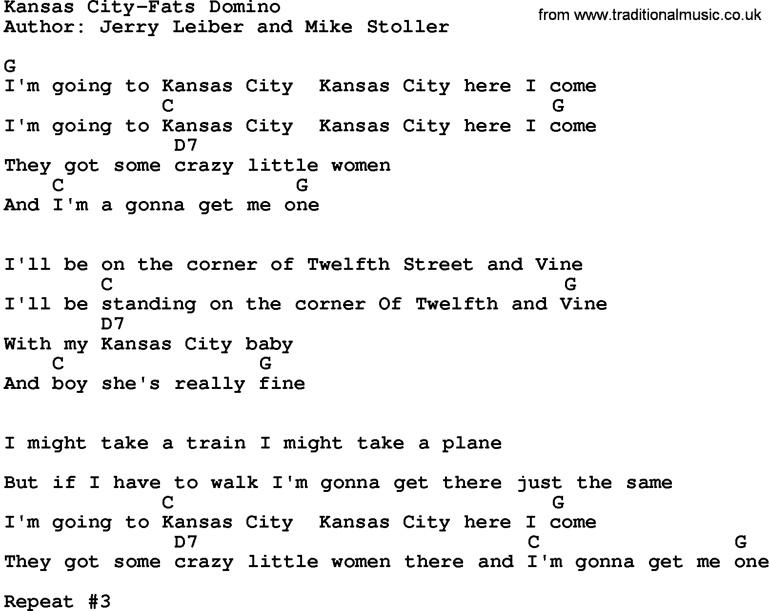 Country music song: Kansas City-Fats Domino lyrics and chords