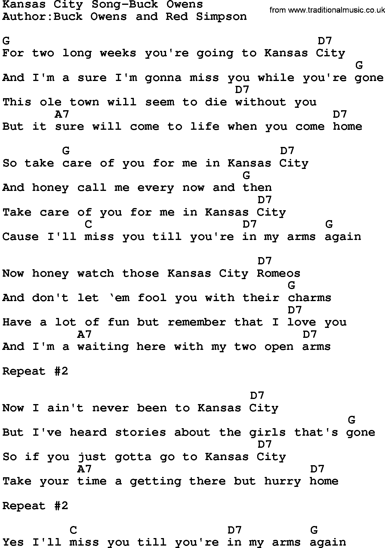 Country music song: Kansas City Song-Buck Owens lyrics and chords