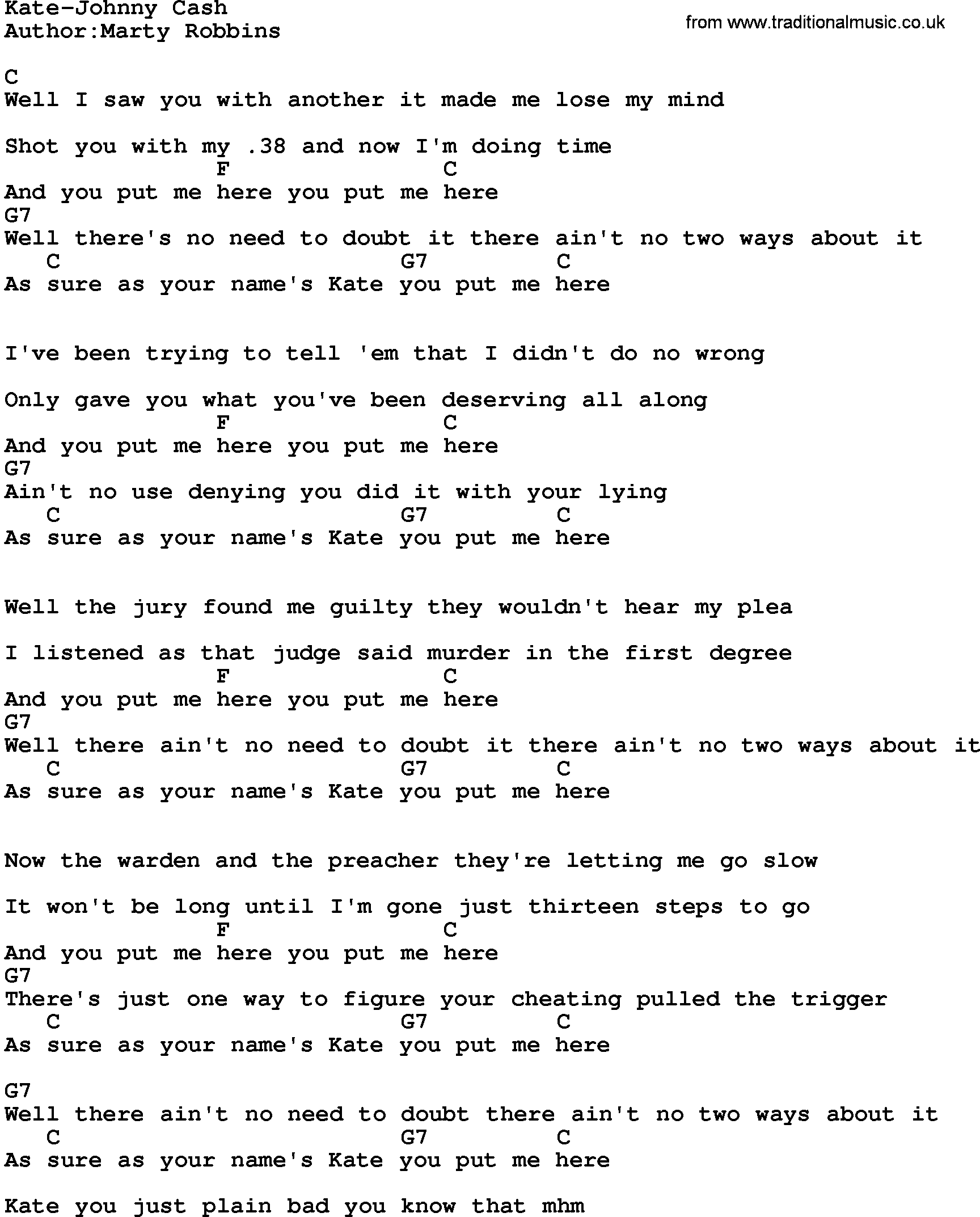 Country music song: Kate-Johnny Cash lyrics and chords