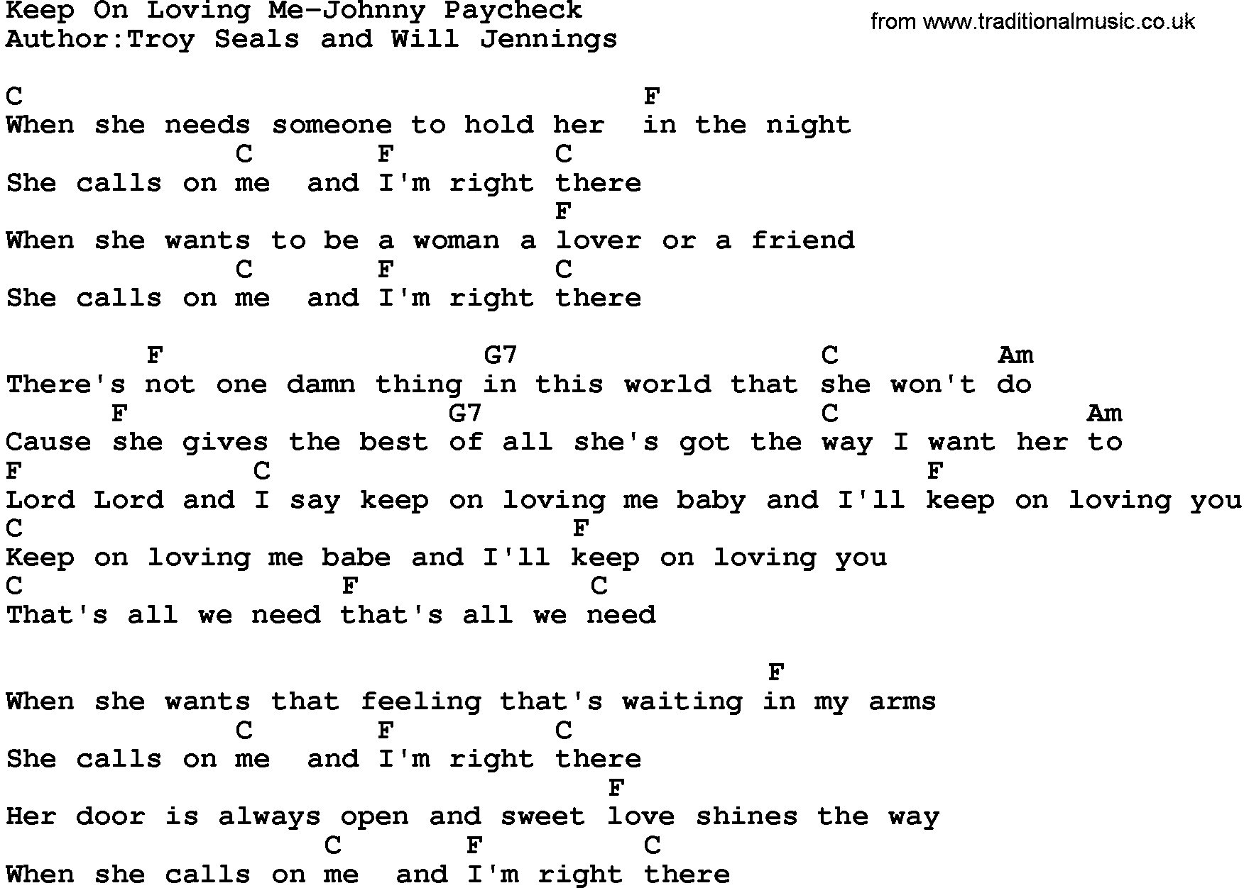 Country music song: Keep On Loving Me-Johnny Paycheck lyrics and chords