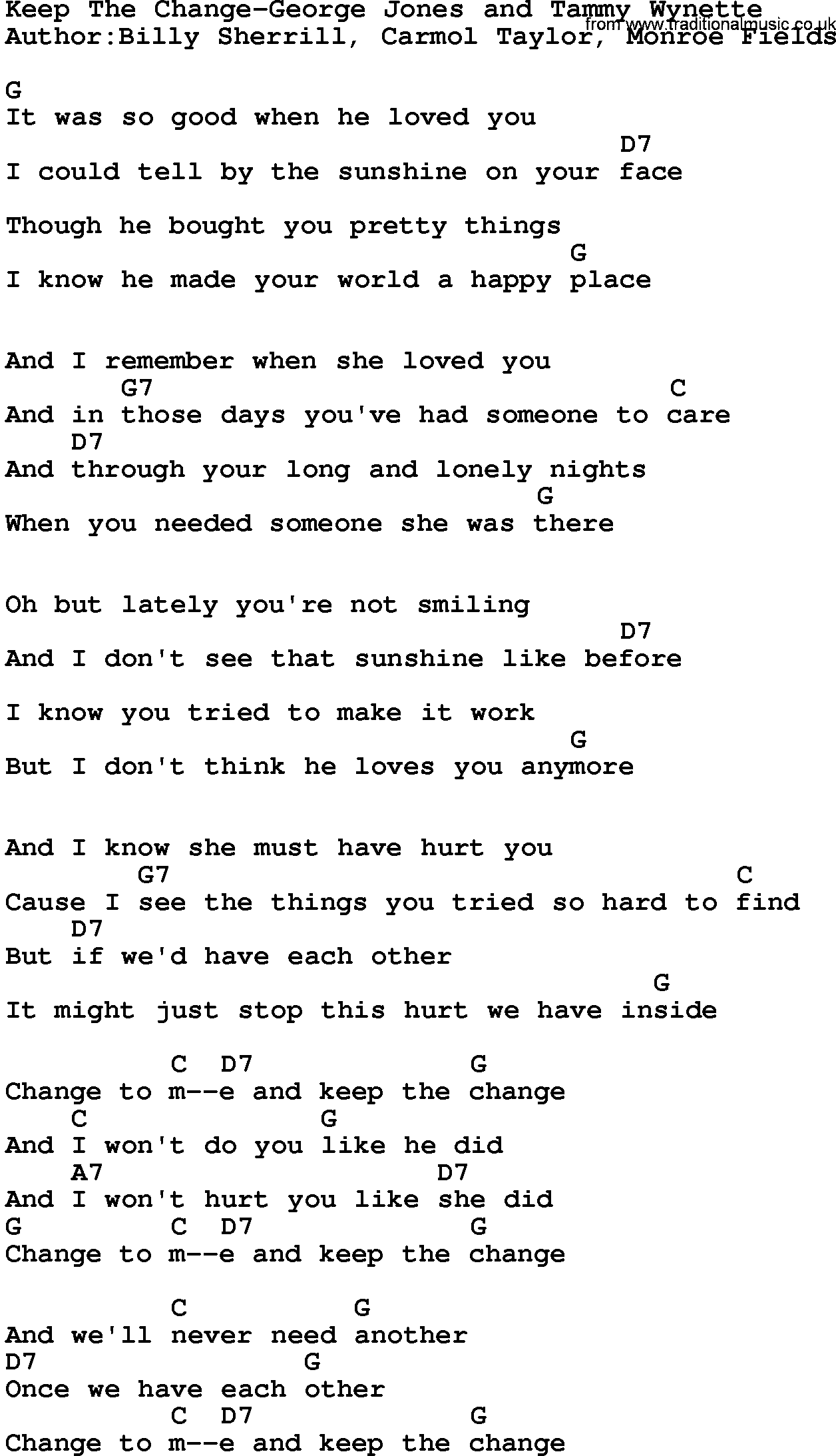 Country music song: Keep The Change-George Jones And Tammy Wynette lyrics and chords