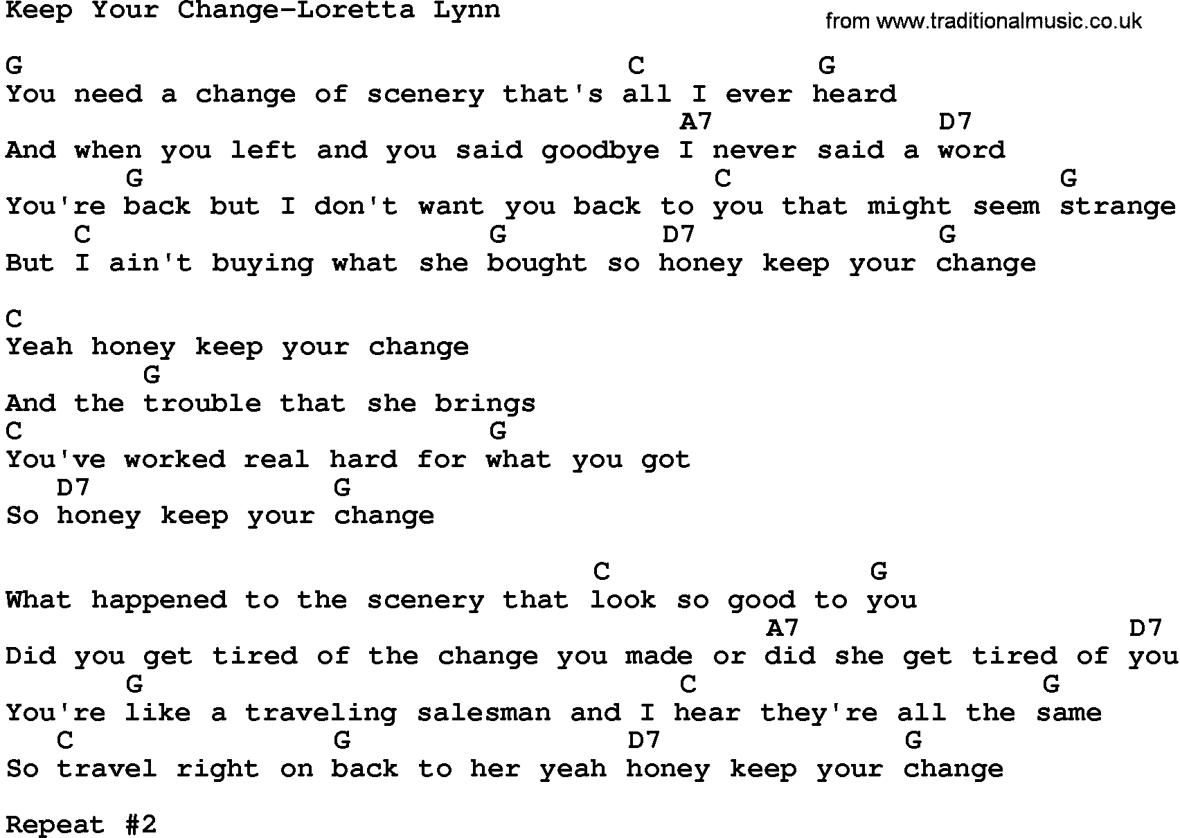 Country music song: Keep Your Change-Loretta Lynn lyrics and chords