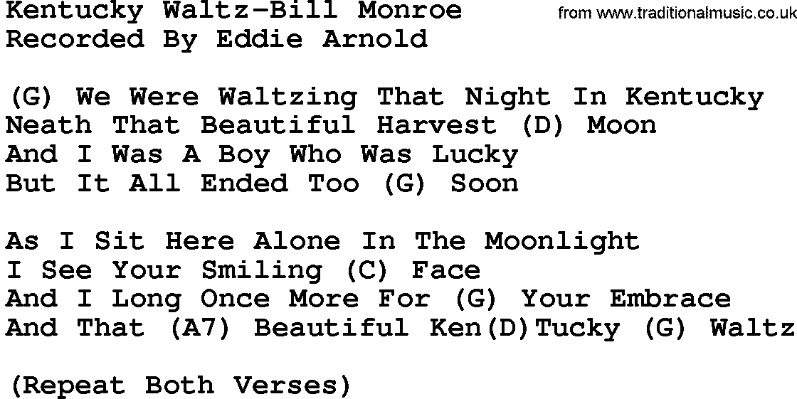 Country music song: Kentucky Waltz-Bill Monroe lyrics and chords