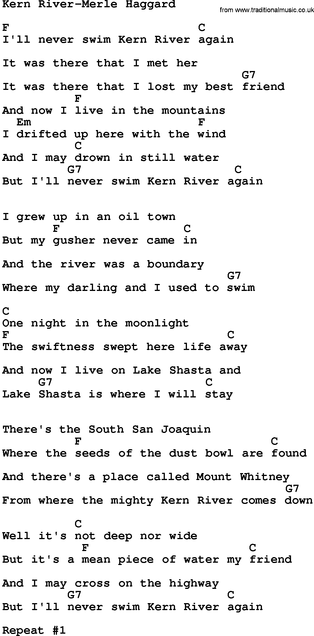 Country music song: Kern River-Merle Haggard lyrics and chords