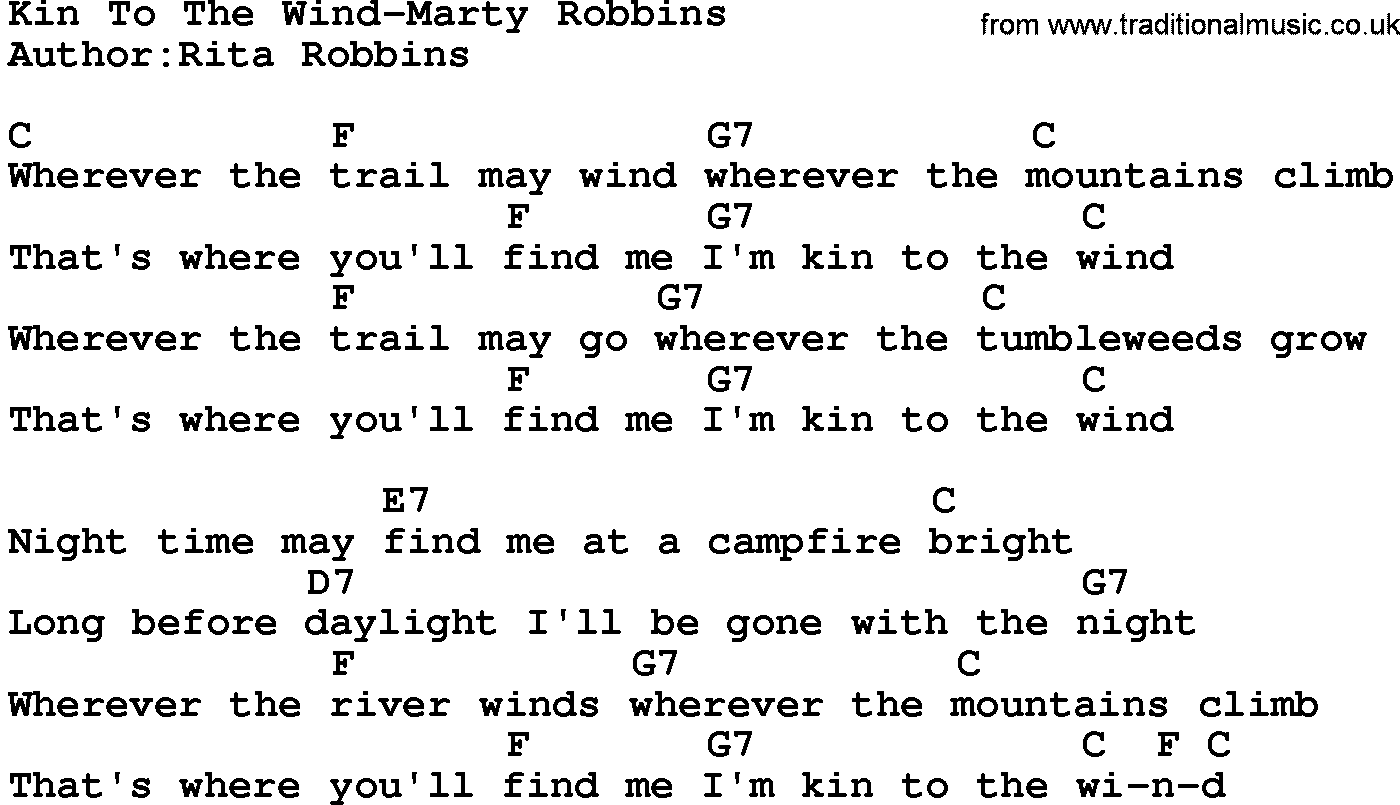 Country music song: Kin To The Wind-Marty Robbins lyrics and chords