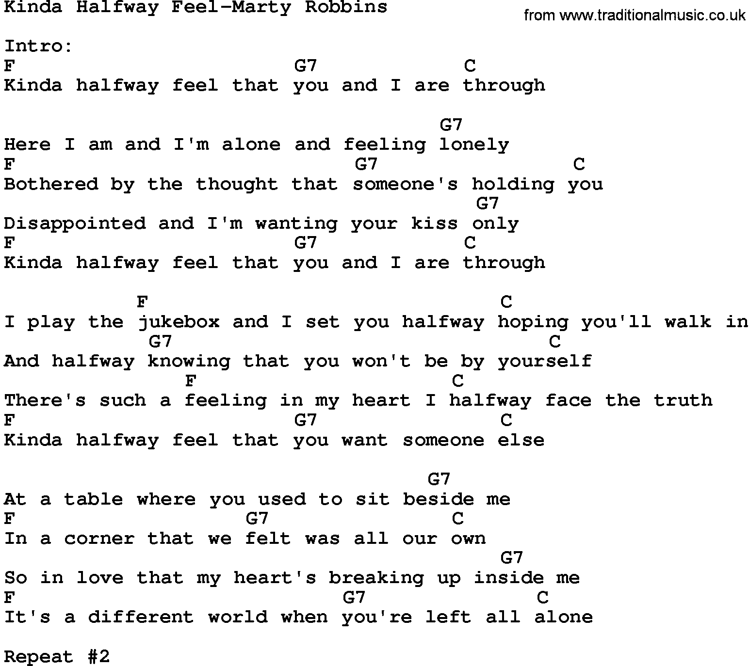 Country music song: Kinda Halfway Feel-Marty Robbins lyrics and chords