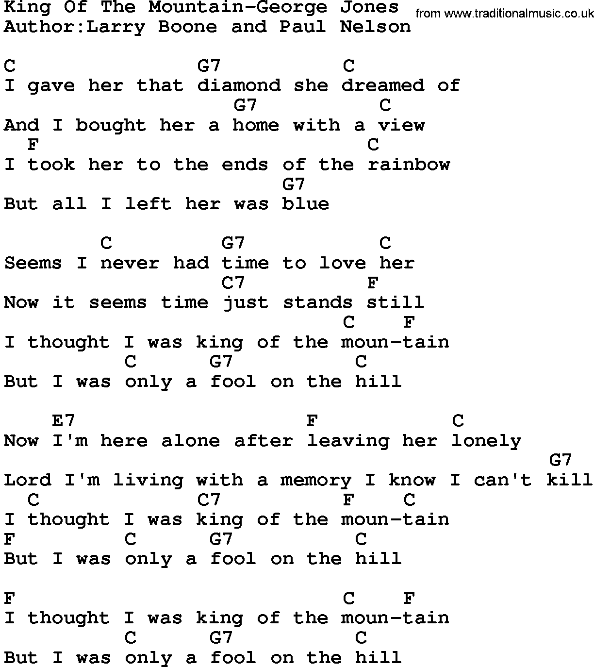 Country music song: King Of The Mountain-George Jones lyrics and chords