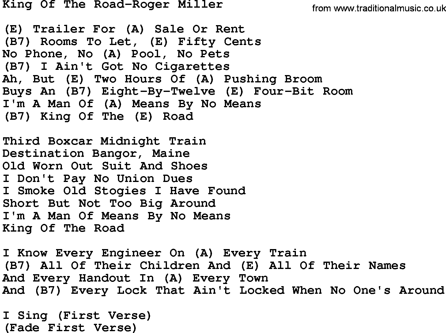 Country music song: King Of The Road-Roger Miller lyrics and chords