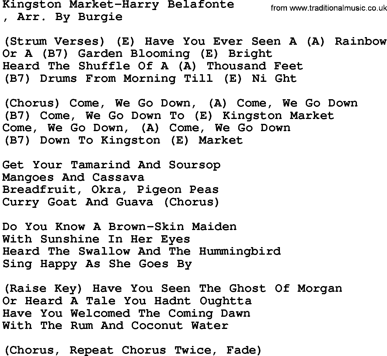 Country music song: Kingston Market-Harry Belafonte lyrics and chords
