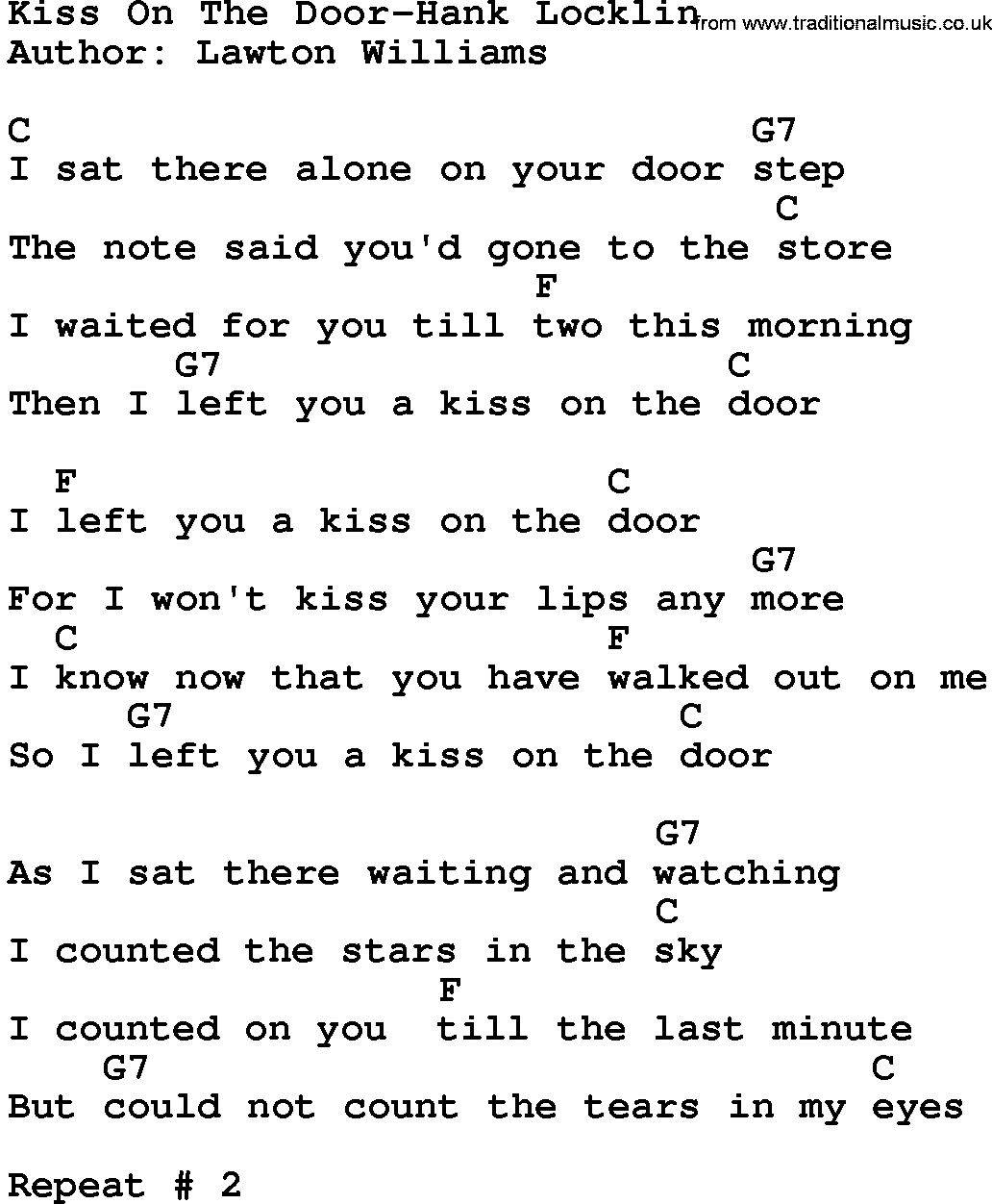 Country music song: Kiss On The Door-Hank Locklin lyrics and chords