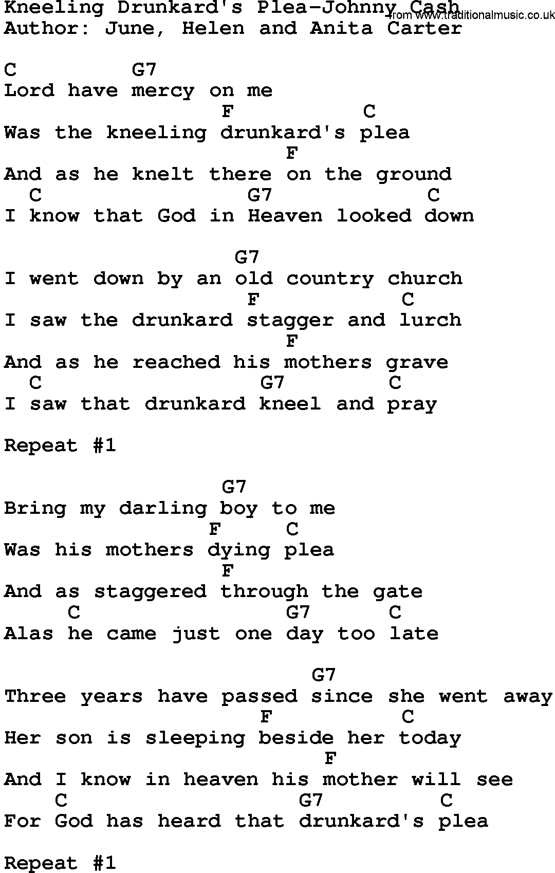 Country music song: Kneeling Drunkard's Plea-Johnny Cash lyrics and chords