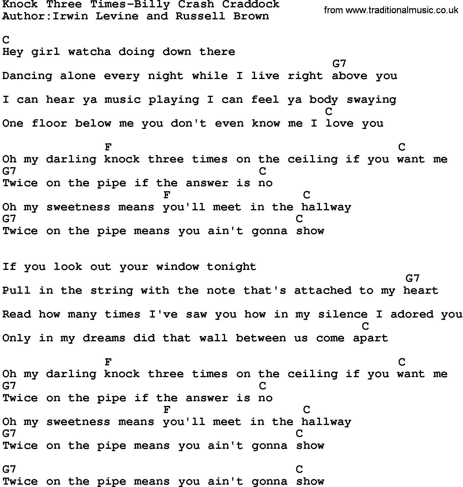 Country music song: Knock Three Times-Billy Crash Craddock lyrics and chords