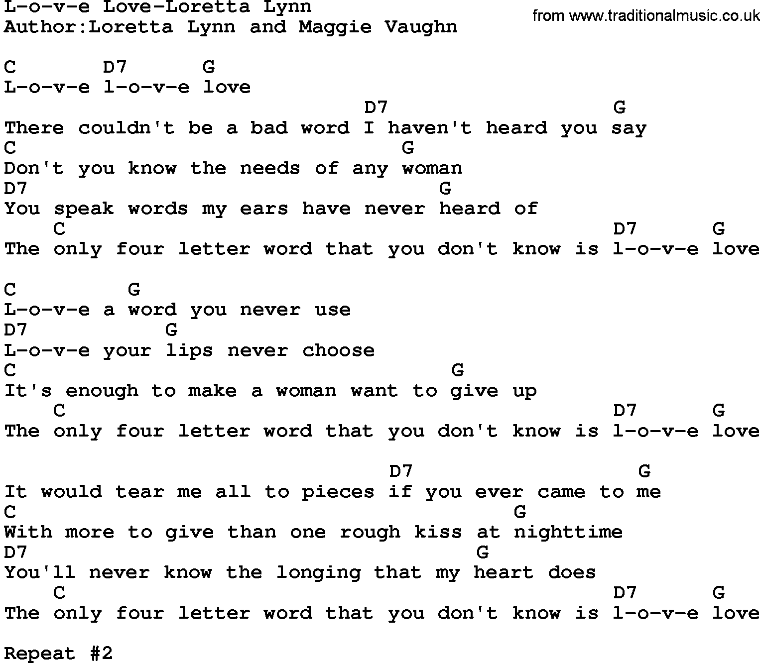 Country music song: L-O-V-E Love-Loretta Lynn lyrics and chords