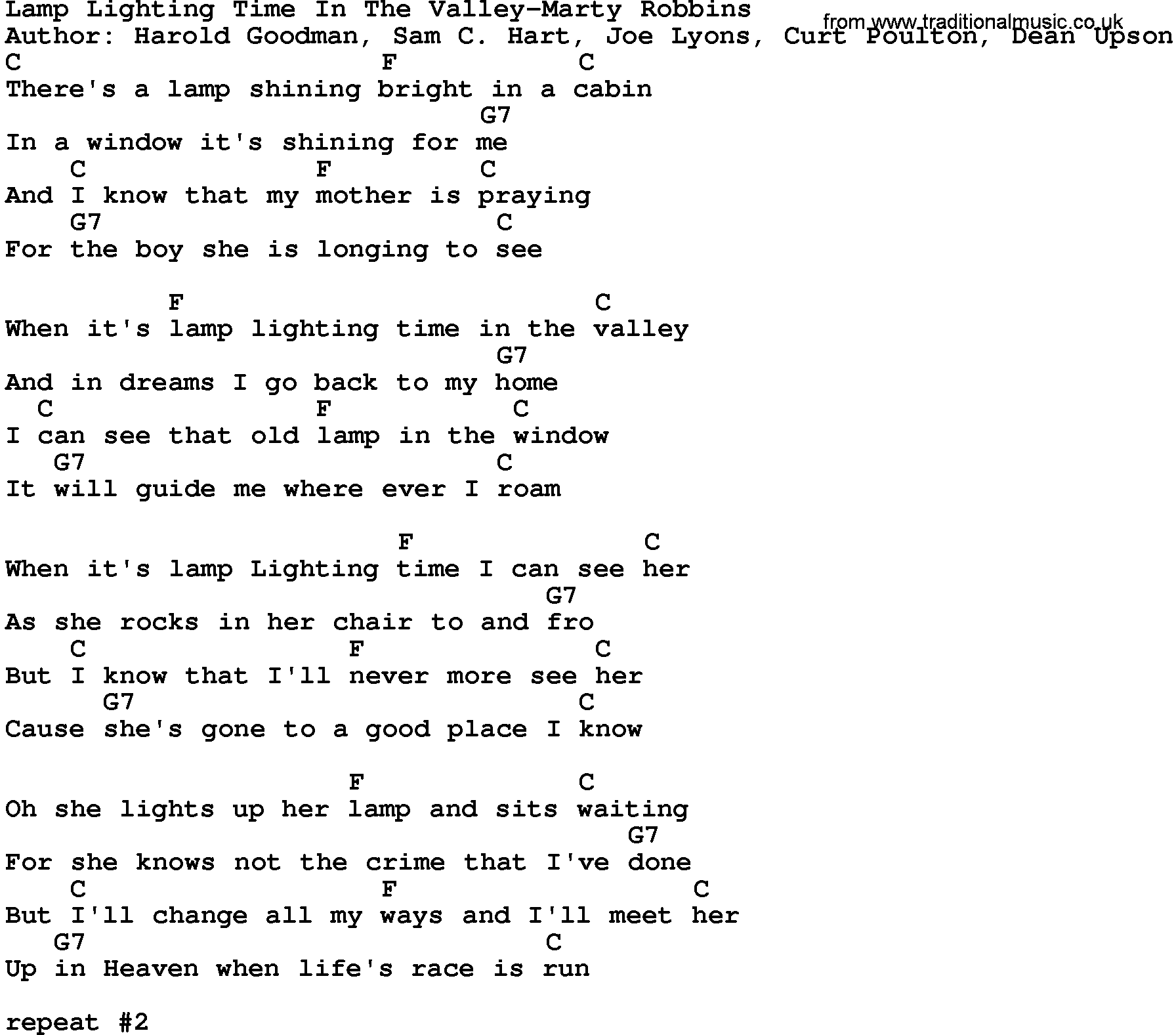 Country music song: Lamp Lighting Time In The Valley-Marty Robbins lyrics and chords