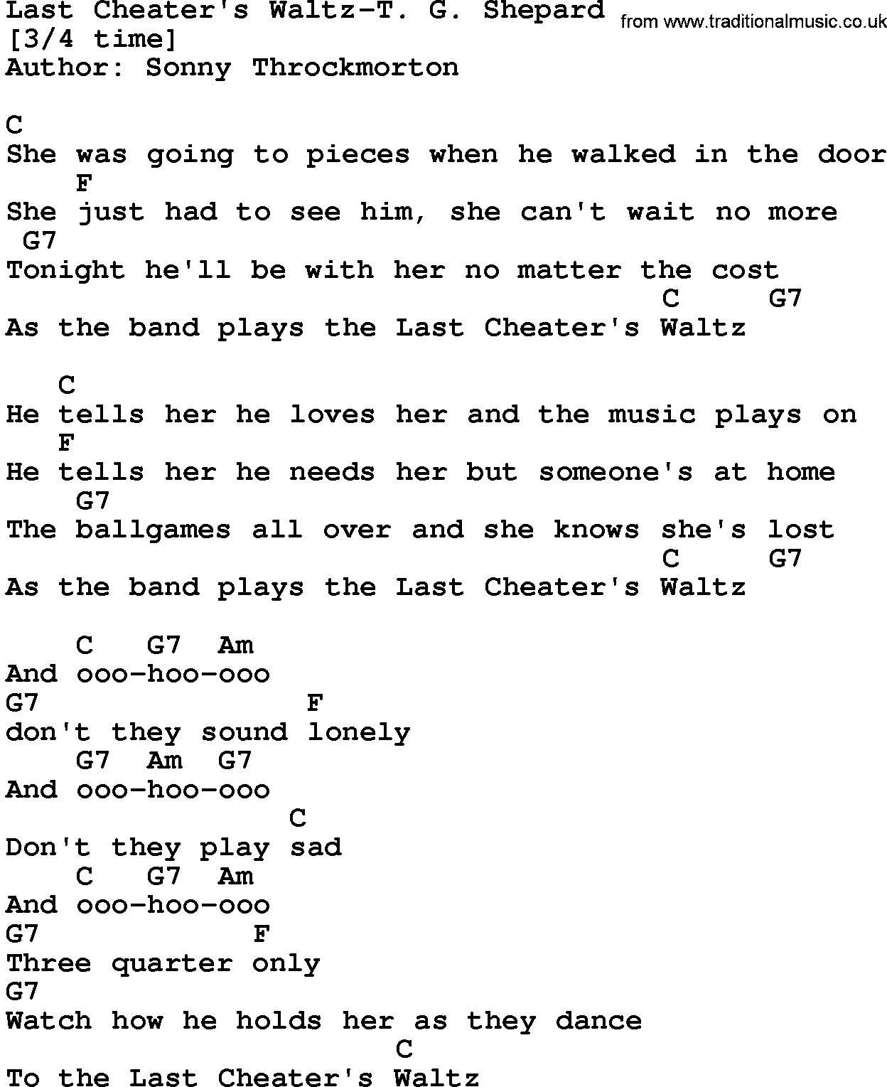 Country music song: Last Cheater's Waltz-T G Shepard lyrics and chords