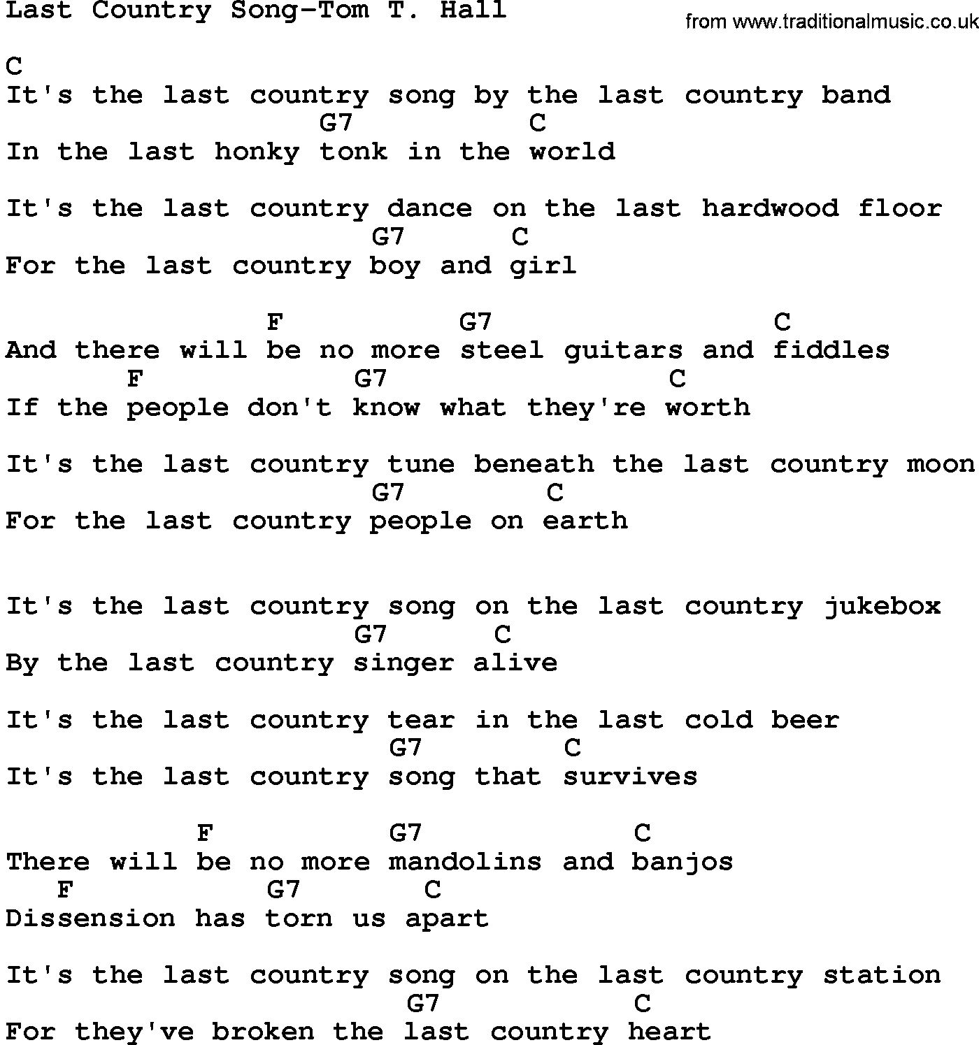 Country music song: Last Country Song-Tom T Hall lyrics and chords