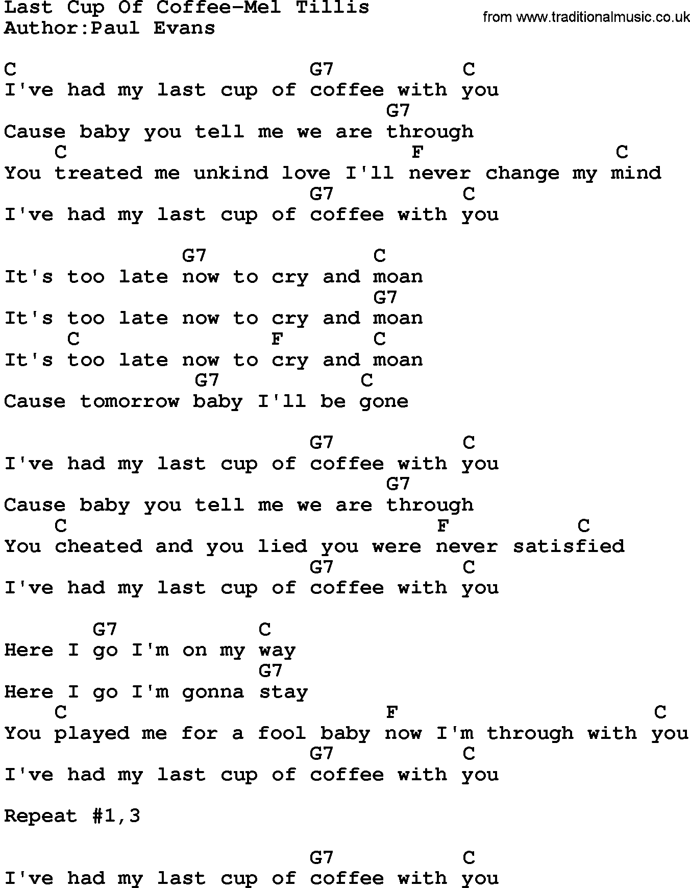 Country music song: Last Cup Of Coffee-Mel Tillis lyrics and chords