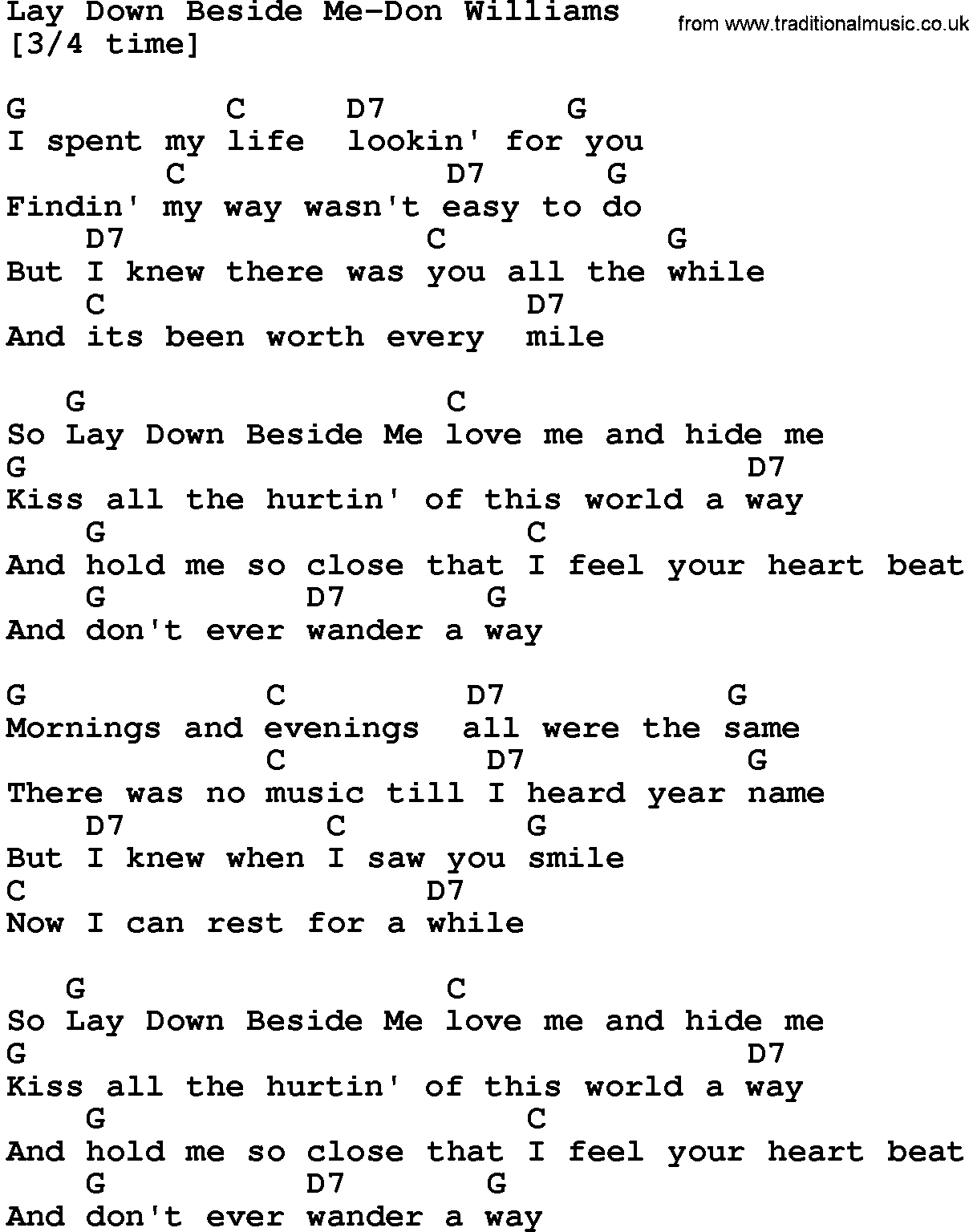 Country music song: Lay Down Beside Me-Don Williams lyrics and chords