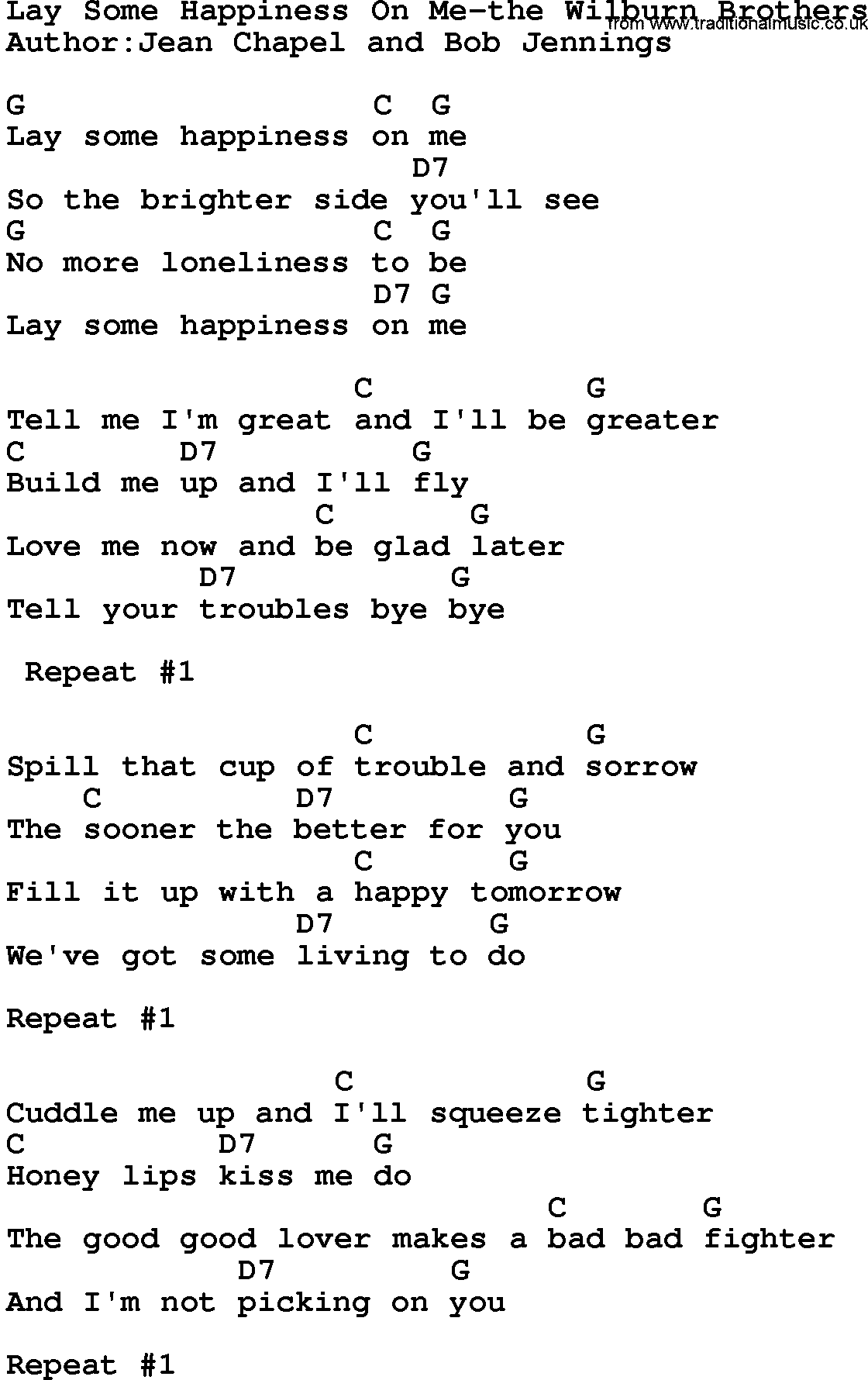 Country music song: Lay Some Happiness On Me-The Wilburn Brothers lyrics and chords