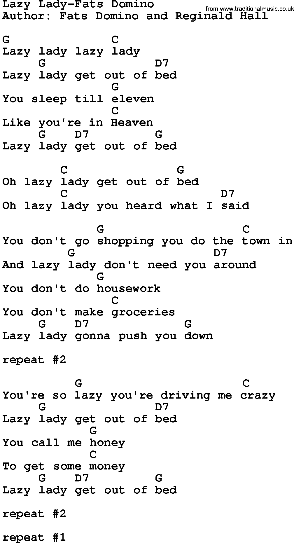 Country music song: Lazy Lady-Fats Domino lyrics and chords