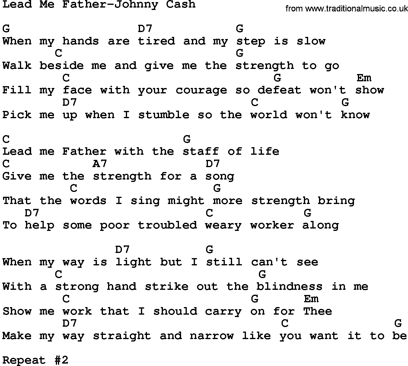 Country music song: Lead Me Father-Johnny Cash lyrics and chords
