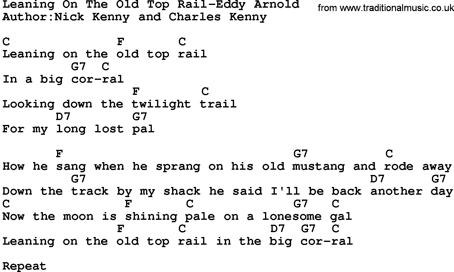 Country music song: Leaning On The Old Top Rail-Eddy Arnold lyrics and chords