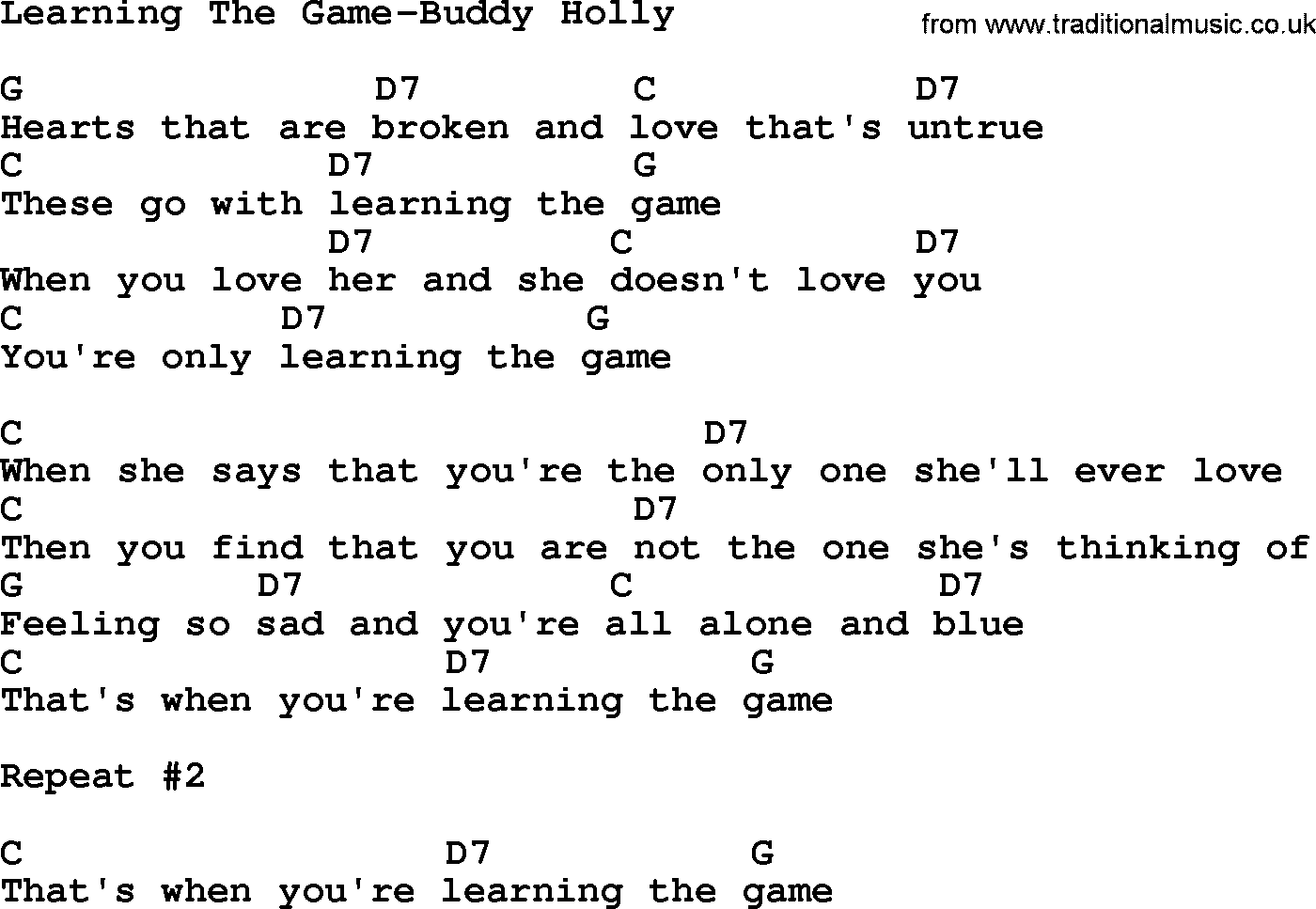 Country music song: Learning The Game-Buddy Holly lyrics and chords