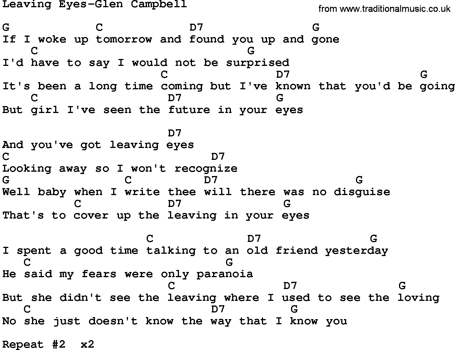 Country music song: Leaving Eyes-Glen Campbell lyrics and chords