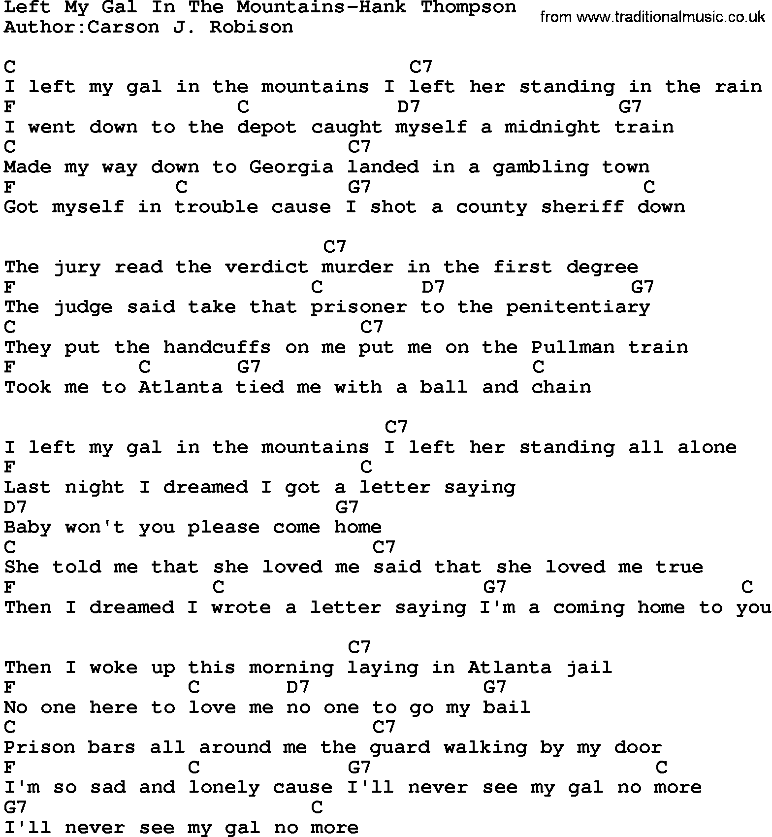 Country music song: Left My Gal In The Mountains-Hank Thompson lyrics and chords