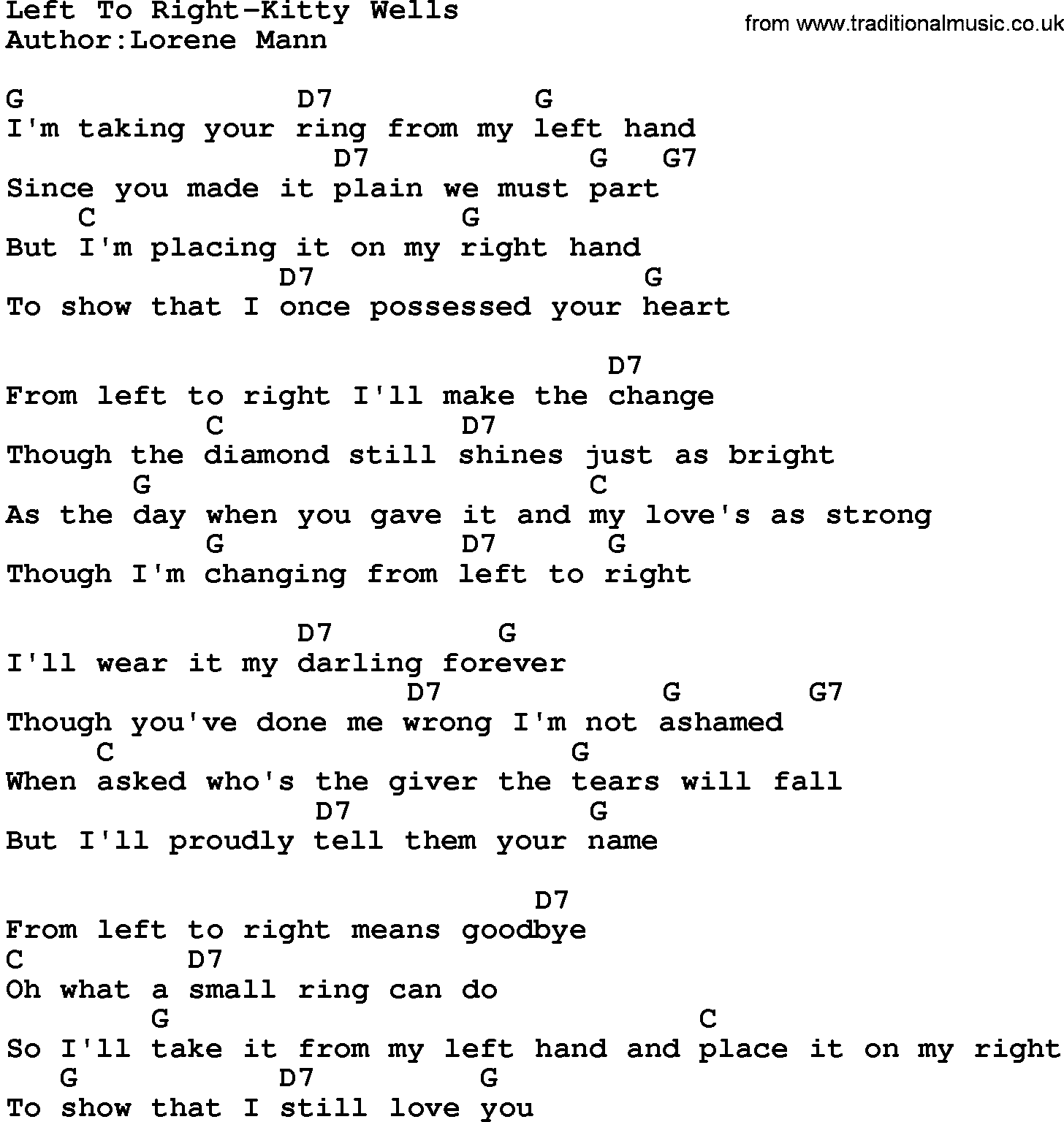 Country music song: Left To Right-Kitty Wells lyrics and chords