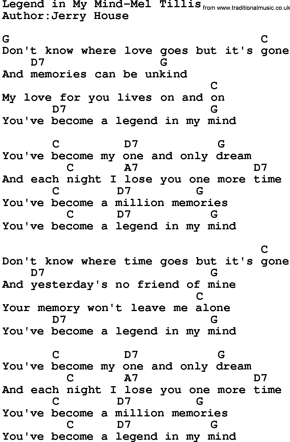 Country music song: Legend In My Mind-Mel Tillis lyrics and chords