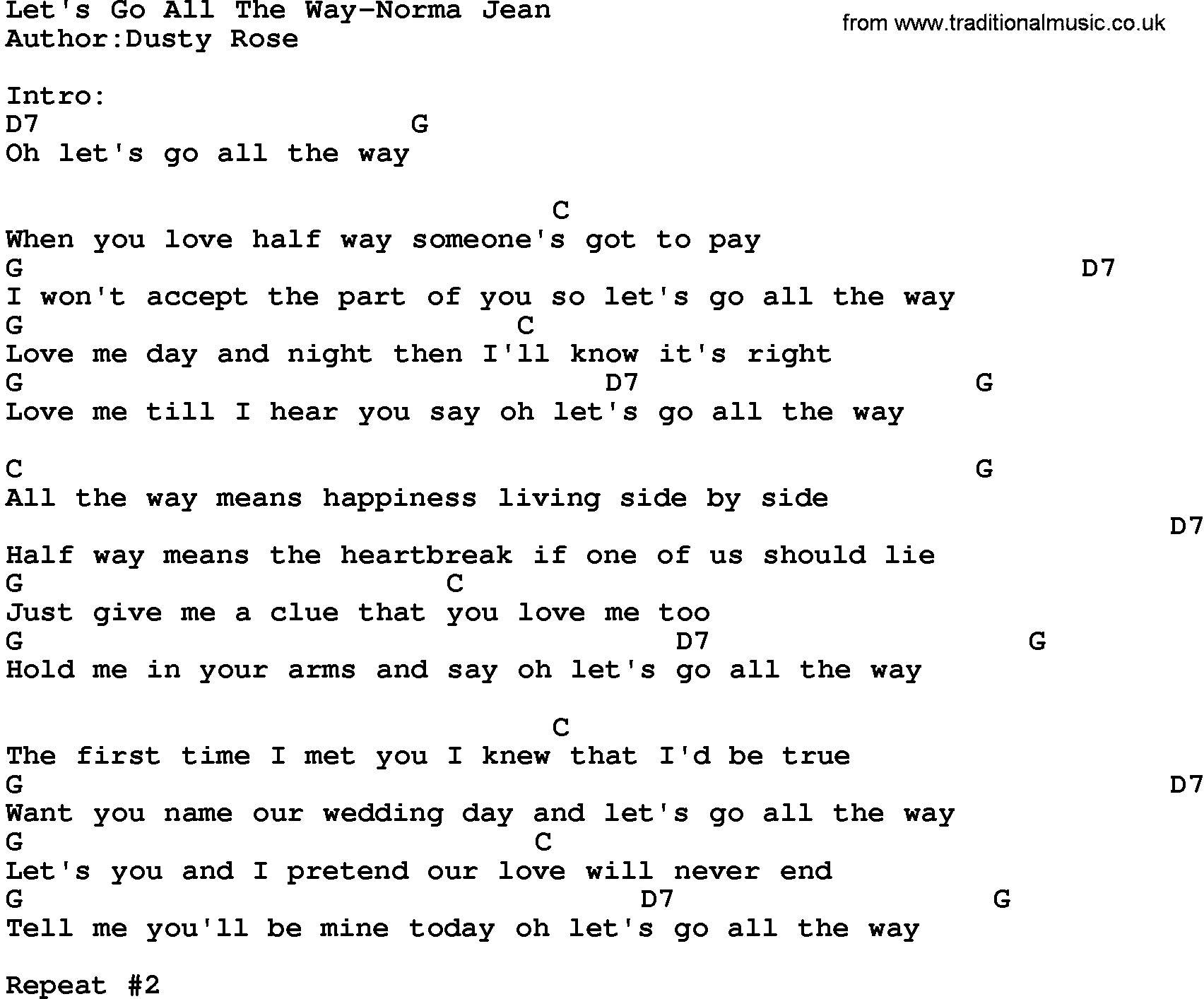Country music song: Let's Go All The Way-Norma Jean lyrics and chords