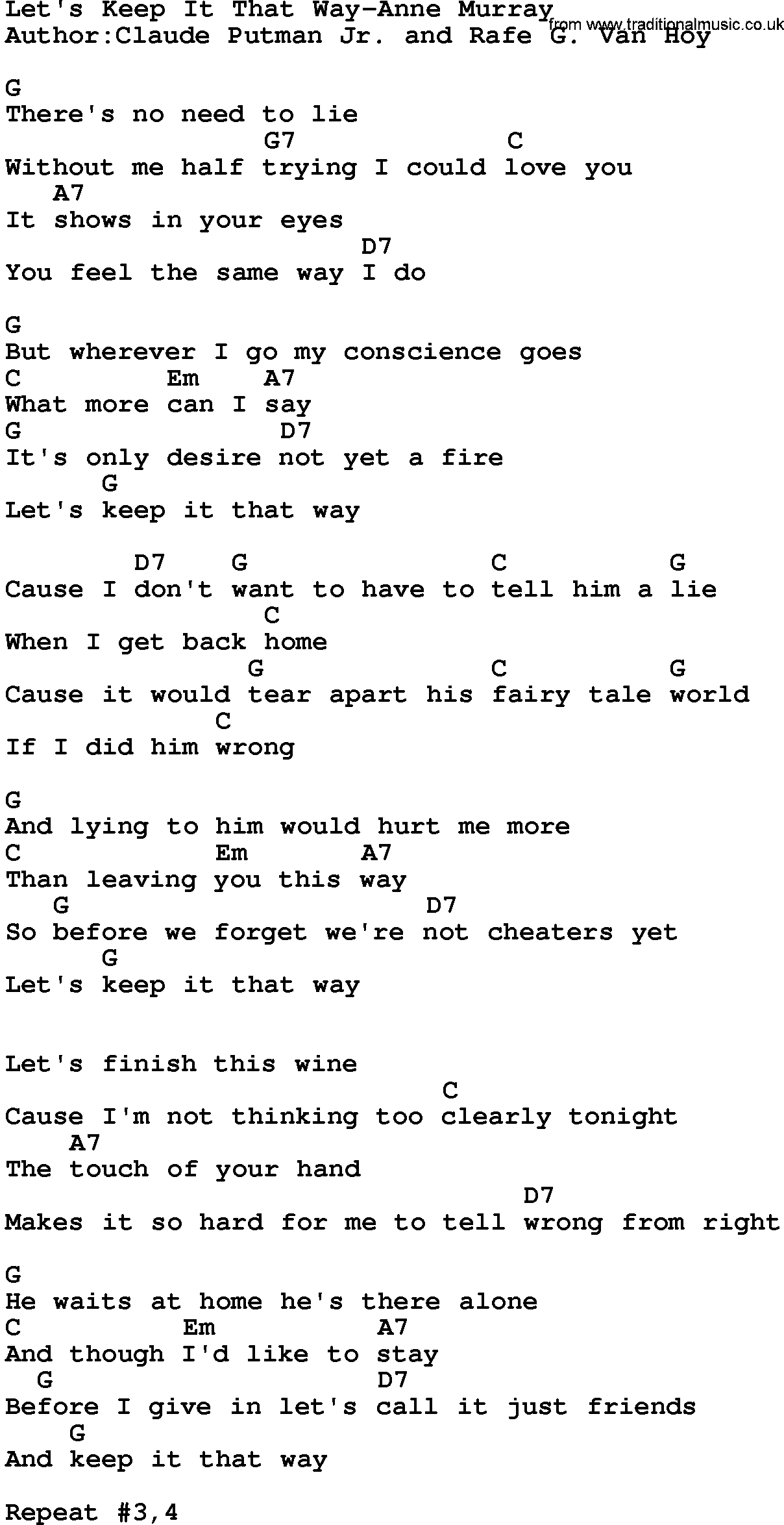 Country music song: Let's Keep It That Way-Anne Murray lyrics and chords