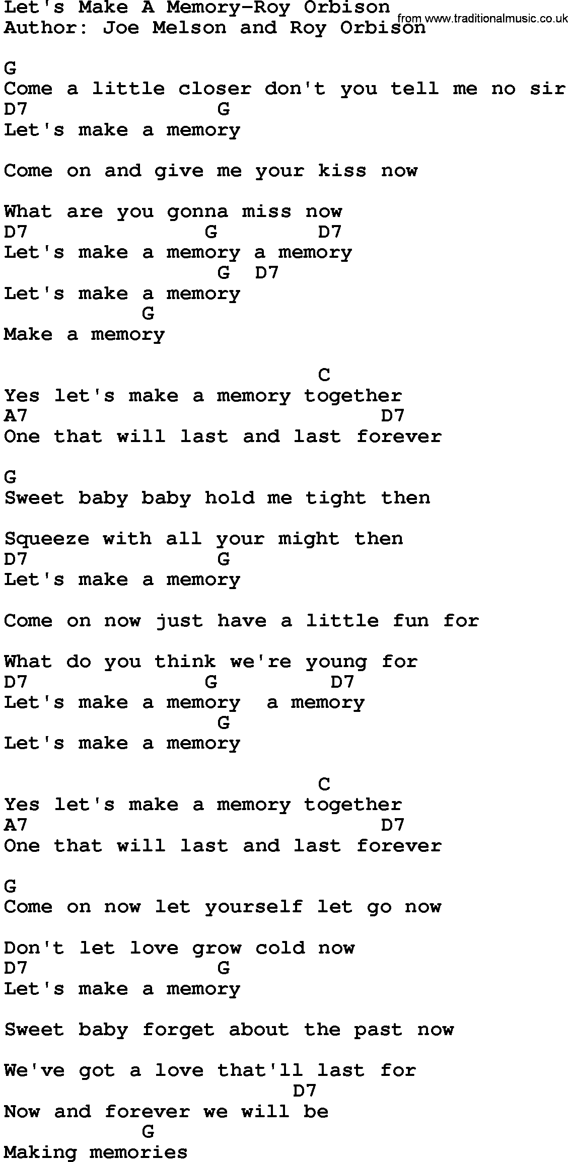 Country music song: Let's Make A Memory-Roy Orbison lyrics and chords