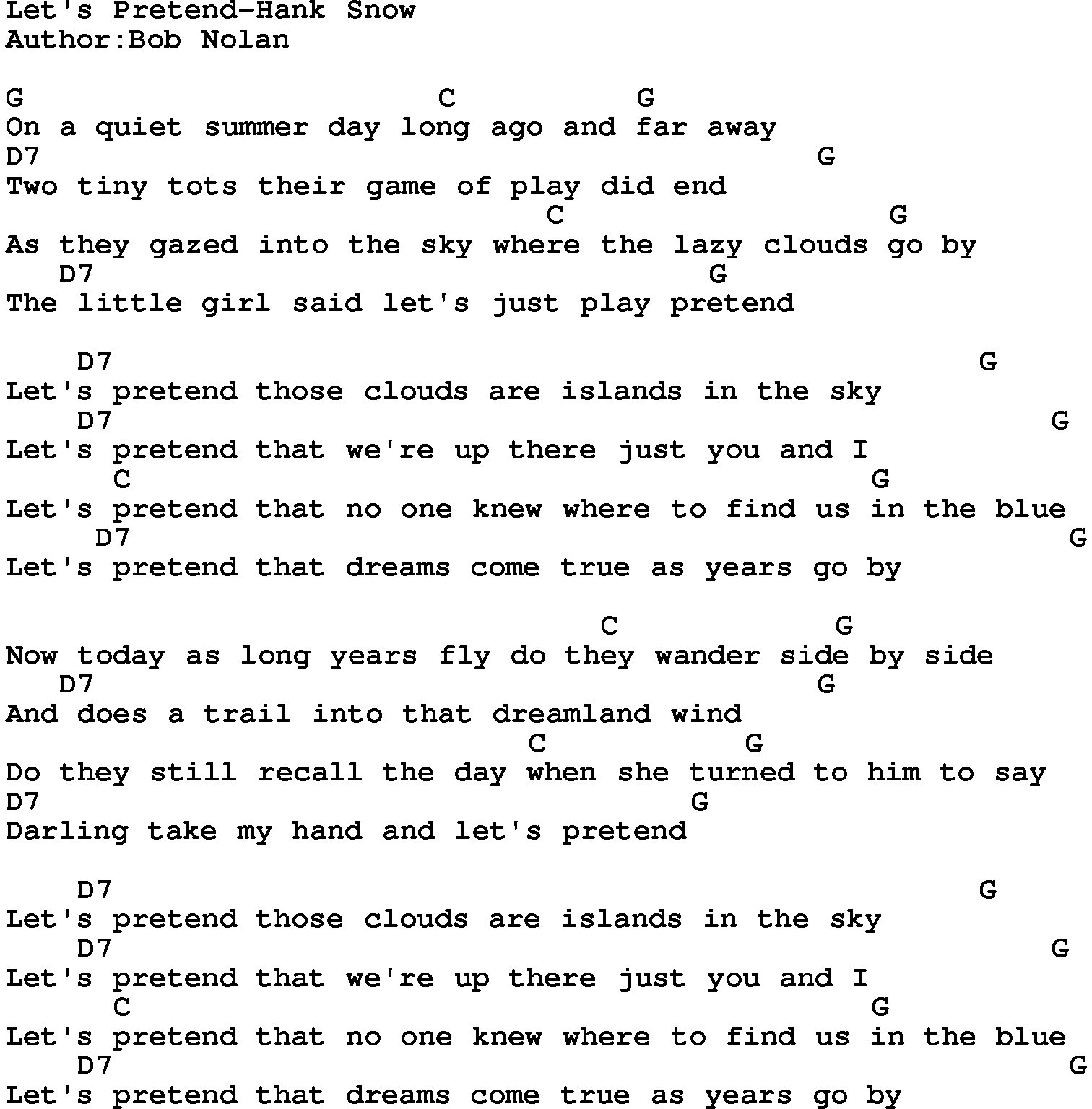 Country music song: Let's Pretend-Hank Snow lyrics and chords