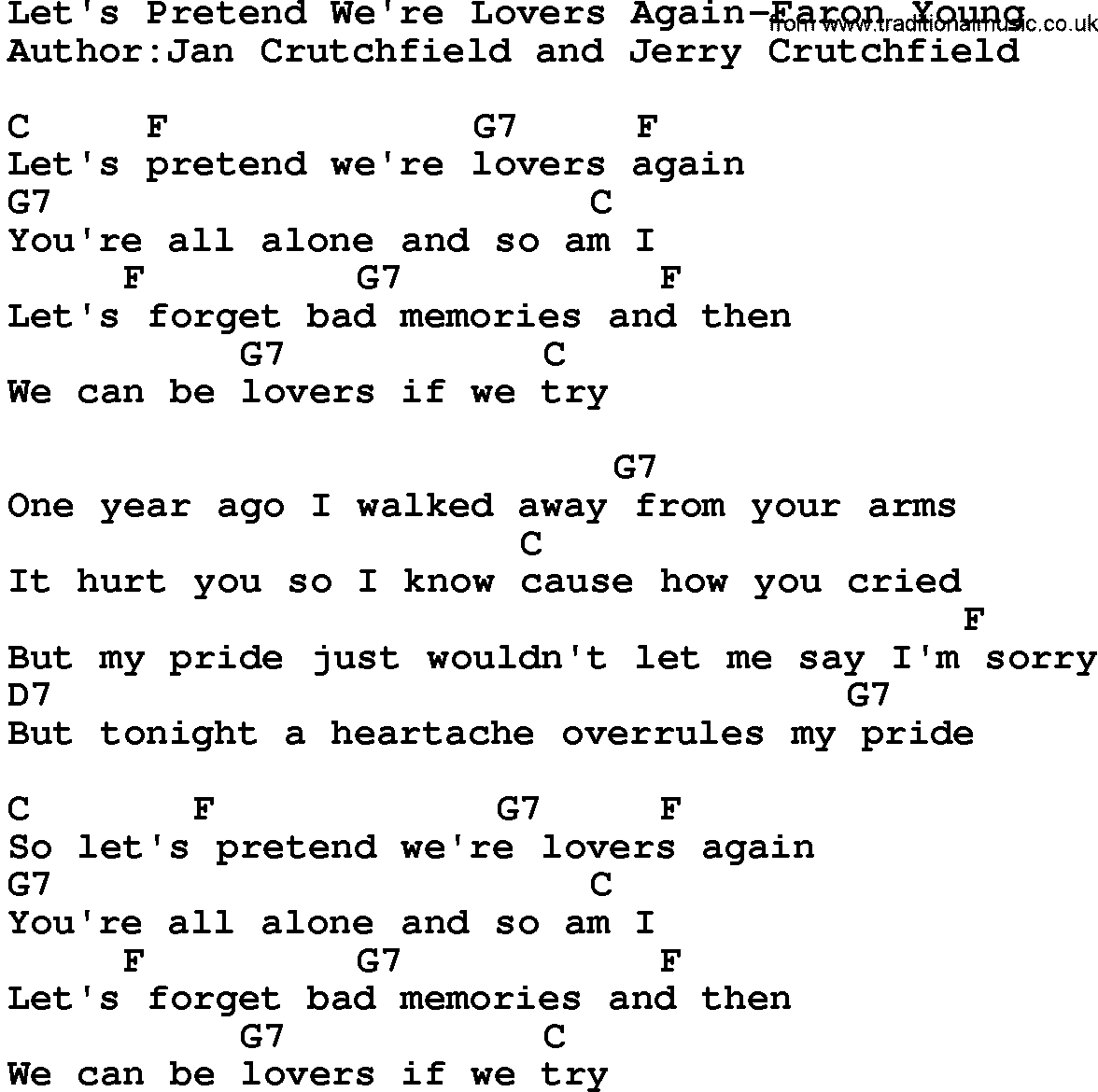 Country music song: Let's Pretend We're Lovers Again-Faron Young lyrics and chords