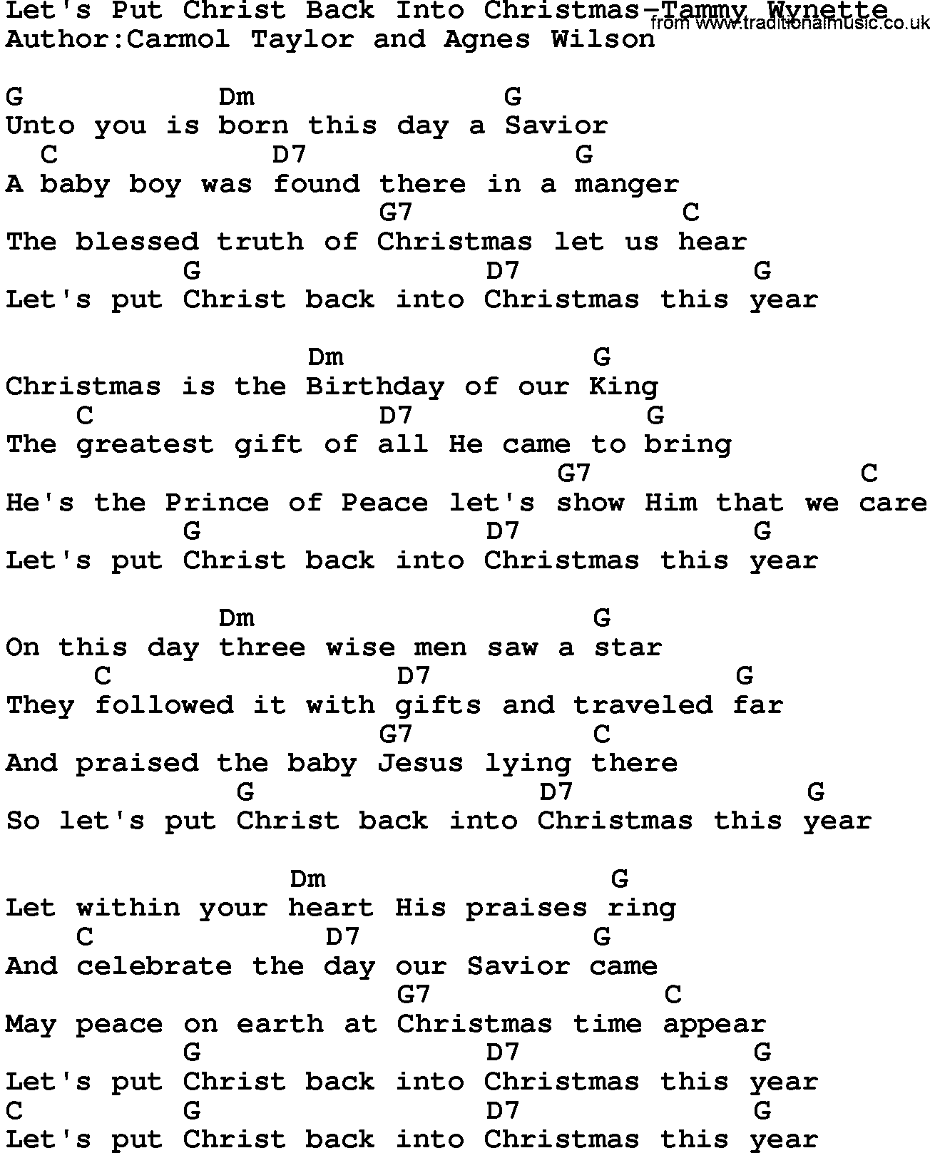 Country music song: Let's Put Christ Back Into Christmas-Tammy Wynette lyrics and chords