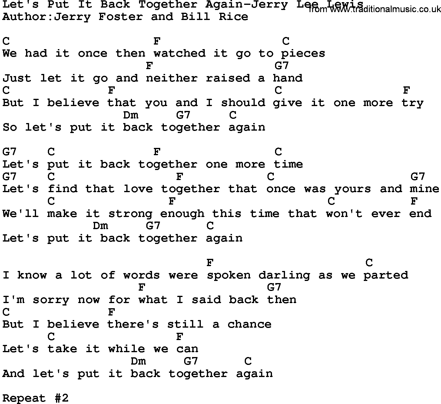 Country music song: Let's Put It Back Together Again-Jerry Lee Lewis lyrics and chords