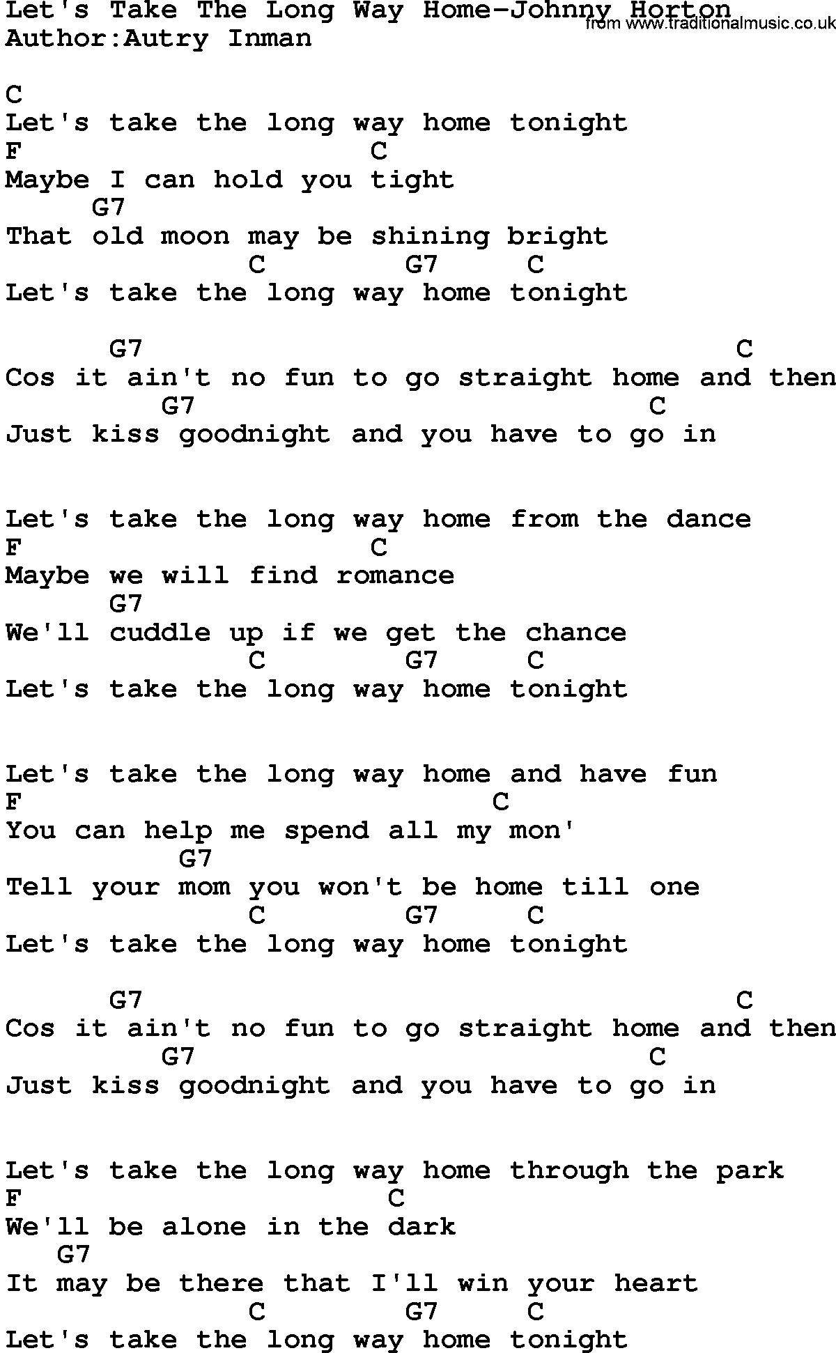 Country music song: Let's Take The Long Way Home-Johnny Horton lyrics and chords