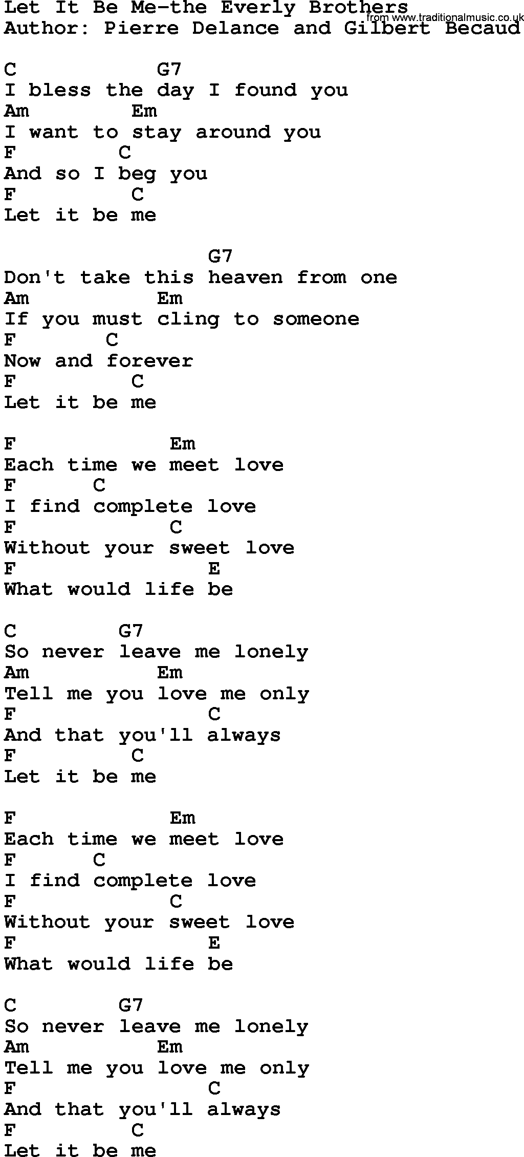 Country music song: Let It Be Me-The Everly Brothers lyrics and chords