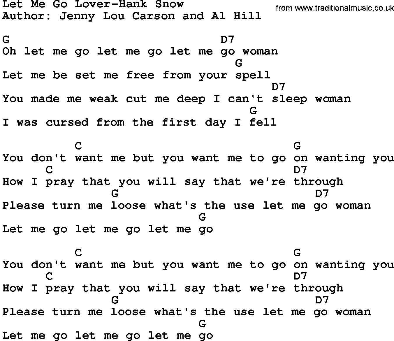 Country music song: Let Me Go Lover-Hank Snow lyrics and chords