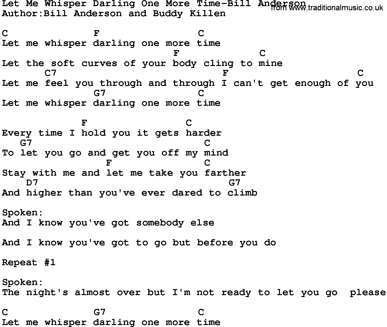 Country music song: Let Me Whisper Darling One More Time-Bill Anderson lyrics and chords
